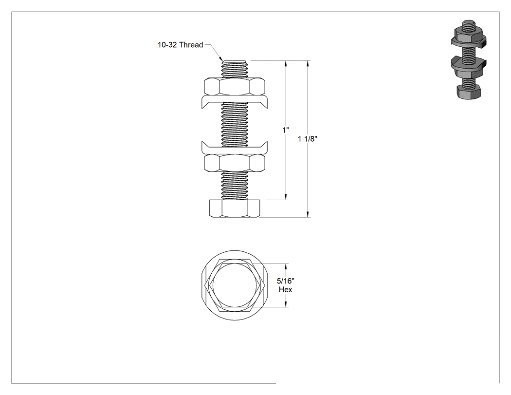 Teknik Çizim - Mandal Kelepçe Tutma Vidası, Paslanmaz Çelik, Paslanmaz Çelik Sabit Düz Uçlu, 1-1/8" Toplam Uzunluk