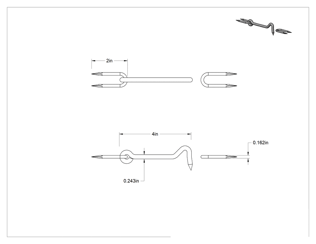Teknik Çizim - Çinko Kaplı Çelik Salıncak Kancalı Mandal, 4" Kol Uzunluğu, 2" Çıkıntı