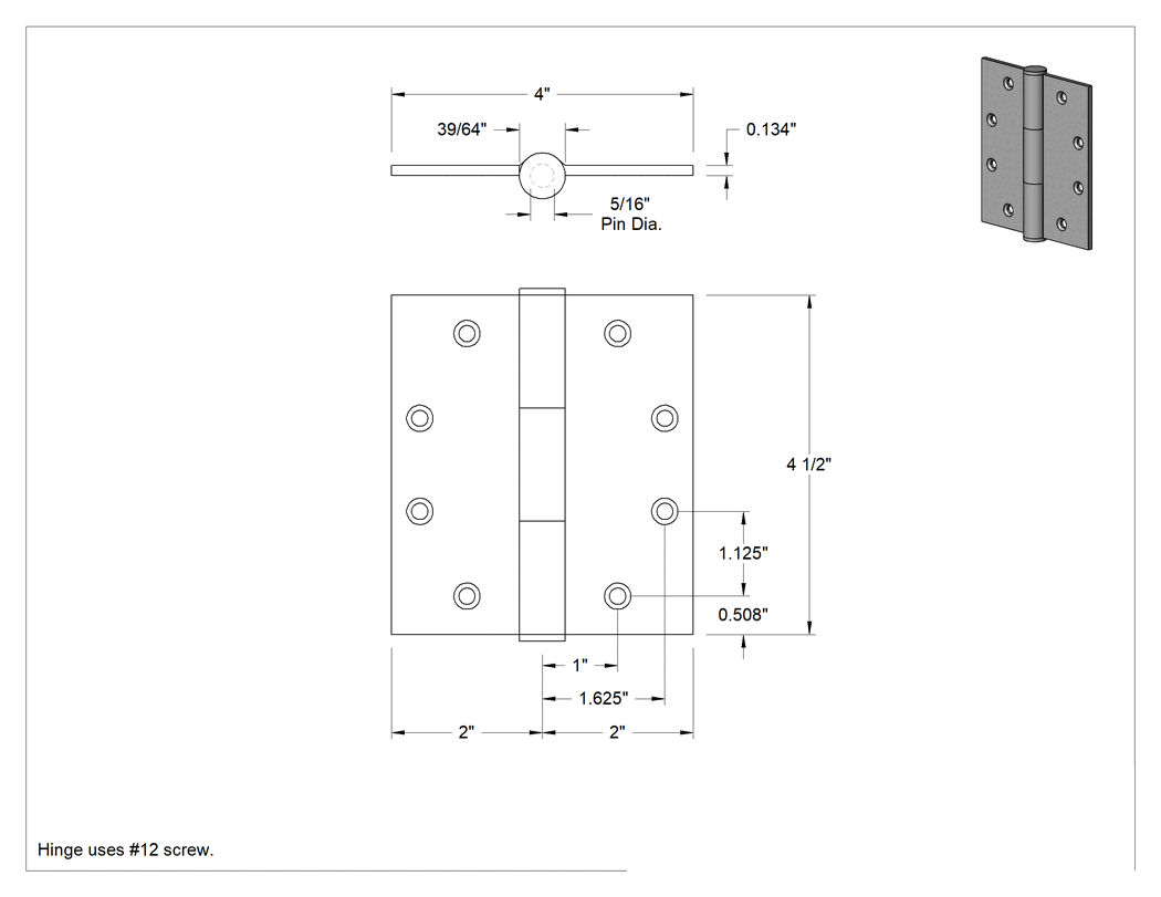 Teknik Çizim - Gömme Montajlı Giriş Kapısı Şablonu Menteşesi, 304 Paslanmaz Çelik, 4-1/2" x 2" Kapı Kanadı