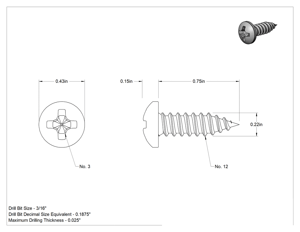 Teknik Çizim - Metal için Phillips Yuvarlak Başlı Vidalar, Siyah Oksit 18-8 Paslanmaz Çelik, 12 Numaralı Boyut, 3/4" Uzunluk