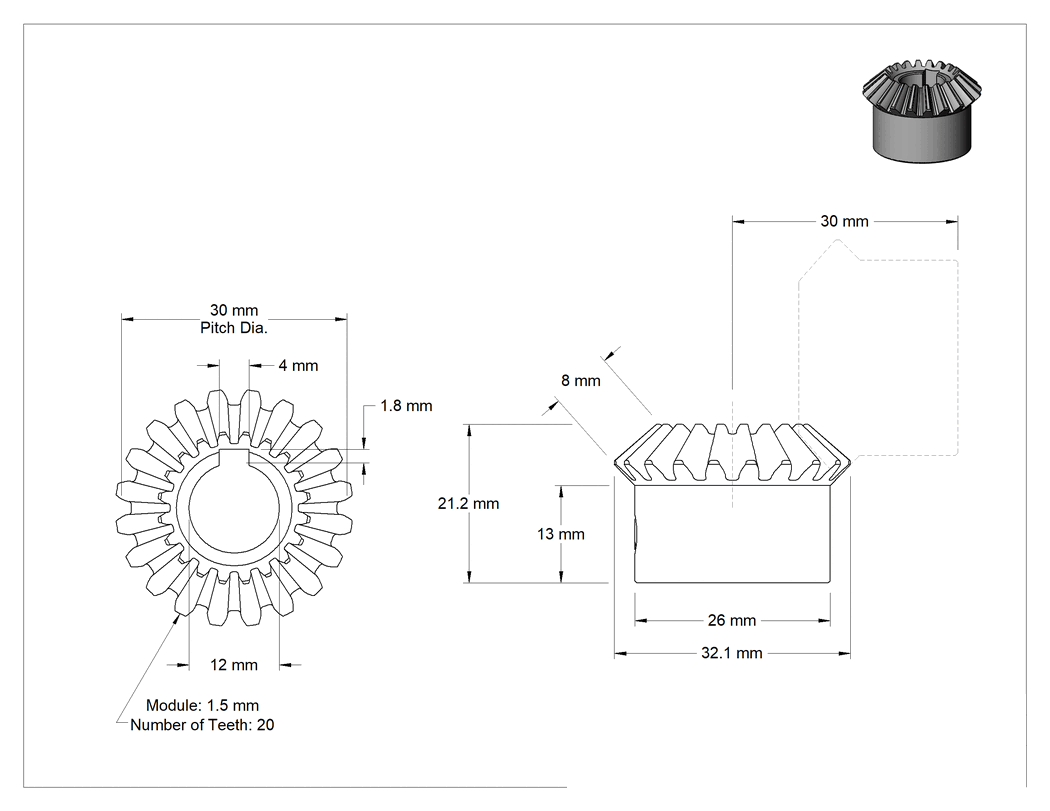 Teknik Çizim - 1045 Karbon Çelik Gönye Dişlisi, Delikli Anahtar, 1.5 Modül, 20 Diş