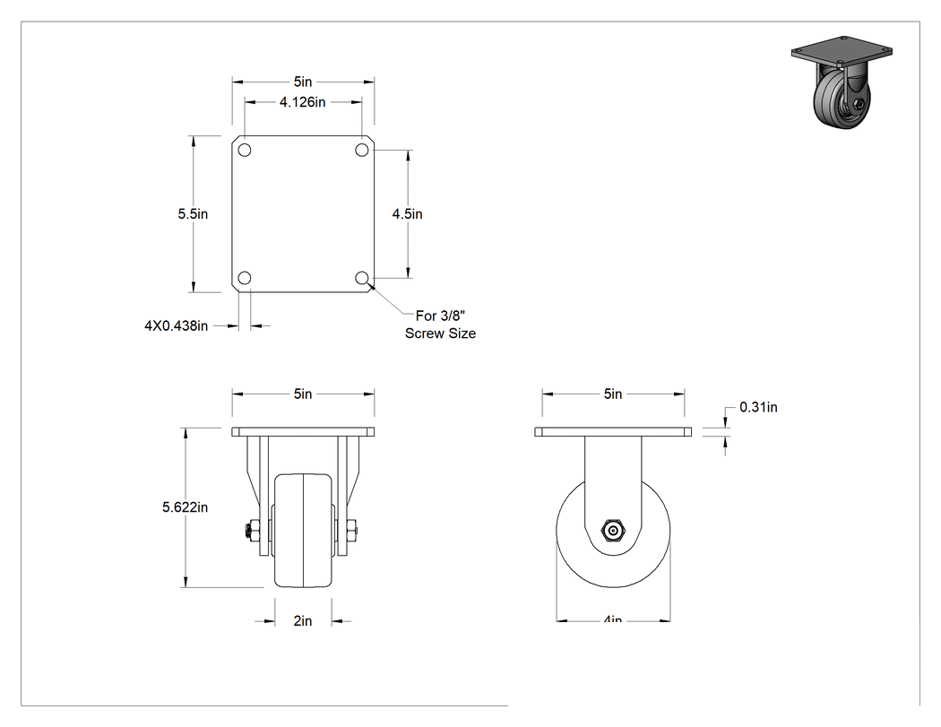 Teknik Çizim - 5-1/2" x 5" Plakalı Yüksek Kapasiteli Vulcan Tekerlek, 4" Çapında Fenolik Tekerlekli Sert