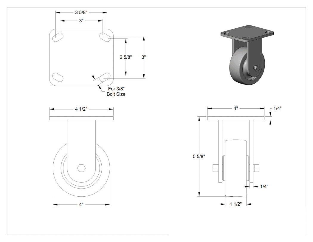 Teknik Çizim - 4-1/2" x, 4" Montaj Plakalı Samson Tekerlek, 4" Çapında Fenolik Tekerlekli Sert