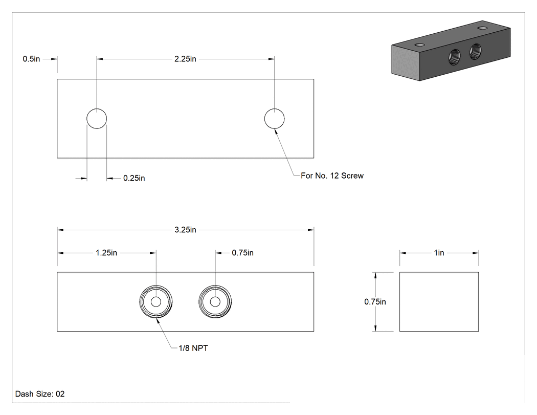 Teknik Çizim - Düz Akışlı Eloksallı Alüminyum Bağlantı Bloğu, 2 Çıkış, 1/8 NPT Giriş x 1/8 NPT Çıkış