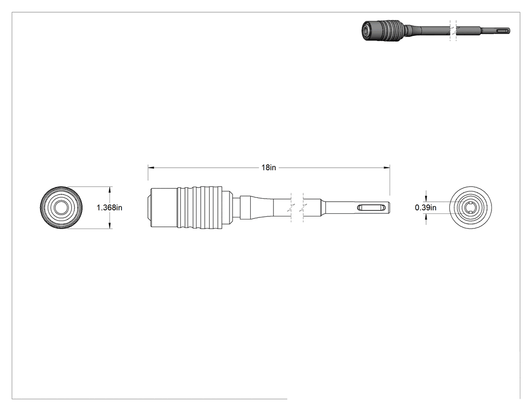 Teknik Çizim - SDS-Plus Şaftlı Matkap Uçları için Uzatma Parçası, 18" Toplam Uzunluk
