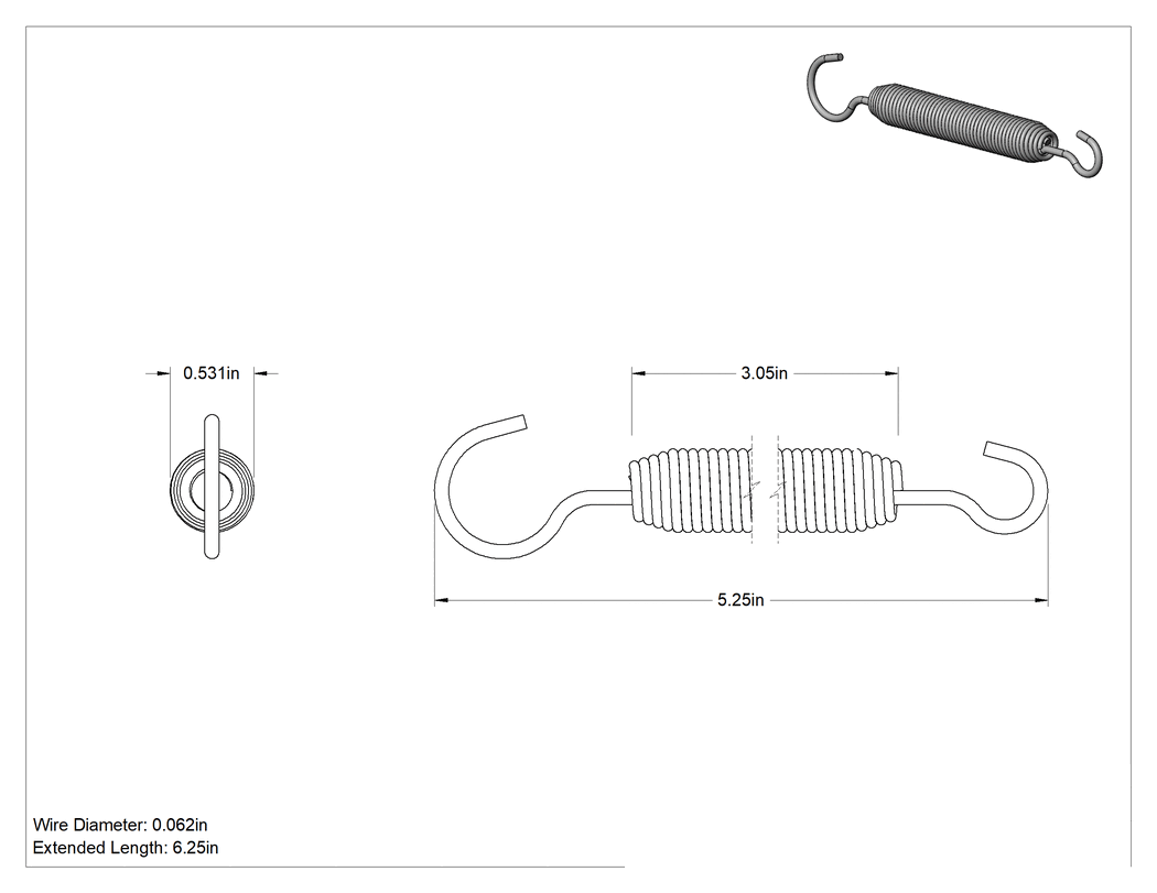 Teknik Çizim - Çekme Yayı, Döner Kanca Ucu, 5-1/4" Uzunluk, 0.531" Dış Çap, 6-1/4" Uzatılmış Uzunluk