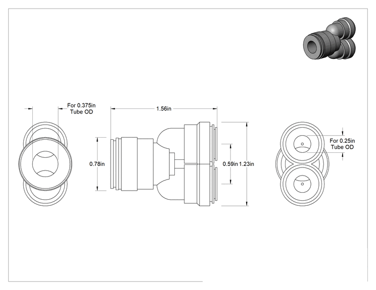 Teknik Çizim - Bas-Bağlantı Elemanı, Yiyecek ve İçecek için, Wye Redüktör, 3/8" x 1/4" Dış Çaplı Tüp