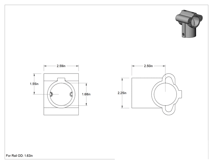 Teknik Çizim - Alüminyum Giydirme Bağlantı Parçası, 1-5/8" Ray Dış Çapı için T Parçası Üzerine Delikli Kelepçe Ek Parçası