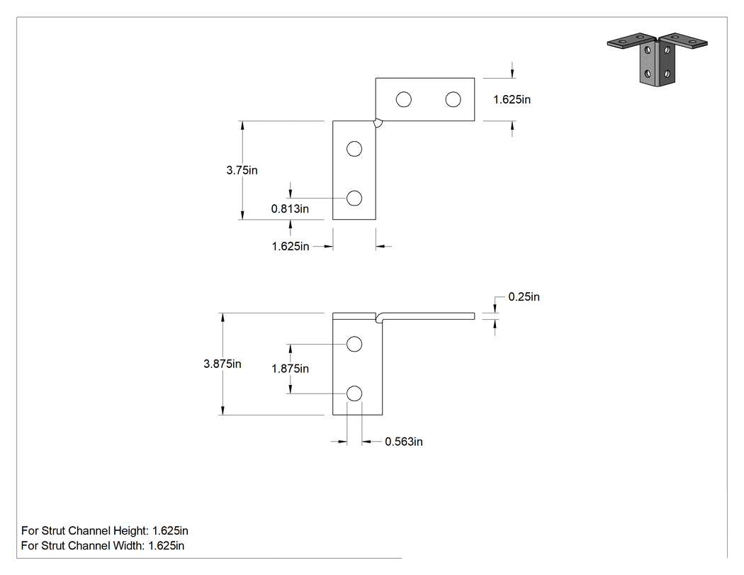 Teknik Çizim - Strut Kanalı Braketi, Çift 90 Derece, Toz Boyalı Çelik, 3-7/8" Uzunluk