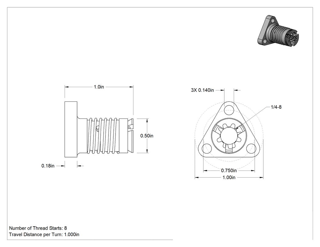 Teknik Çizim - Hızlı Hareketli Ultra Hassas Kılavuz Vida için Yaylı 1/4"-8 Dişli Somun