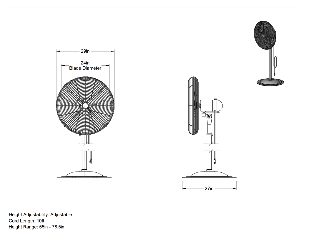 Teknik Çizim - Ekonomik Fan, Kaide, Salınımlı, 24" Bıçak Çapı