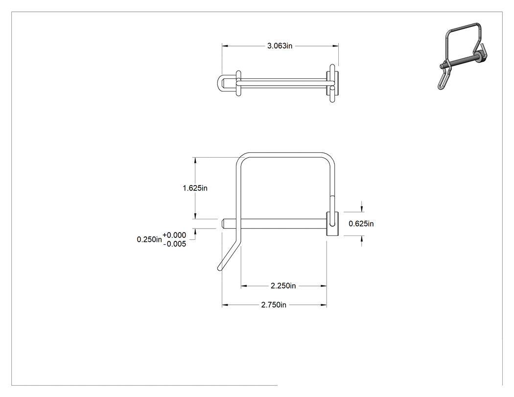 Teknik Çizim - Tel Tutuculu 18-8 Paslanmaz Çelik Çatal Pim, Halkalı ve Tırnaklı Kare, 1/4" Çap, 2-1/4" Kullanılabilir Uzunluk