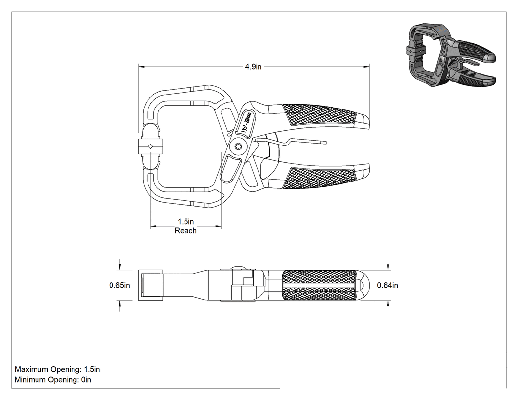Teknik Çizim - Plastik Pense Kelepçesi, 0" ila 1-1/2" Açıklık