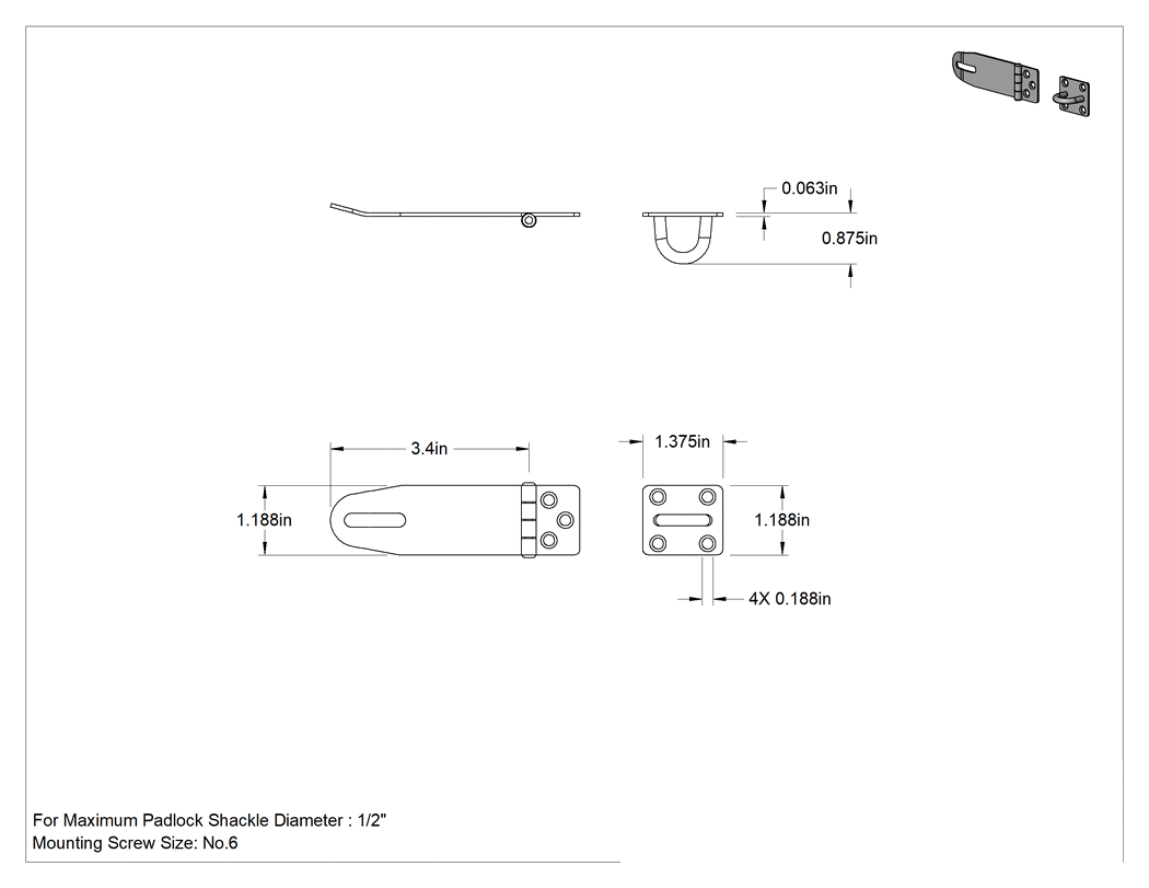 Teknik Çizim - Asma Kilitli Mandal, 3-3/8" x 1-3/16" x 1/16" Kollu, 304 Paslanmaz Çelik