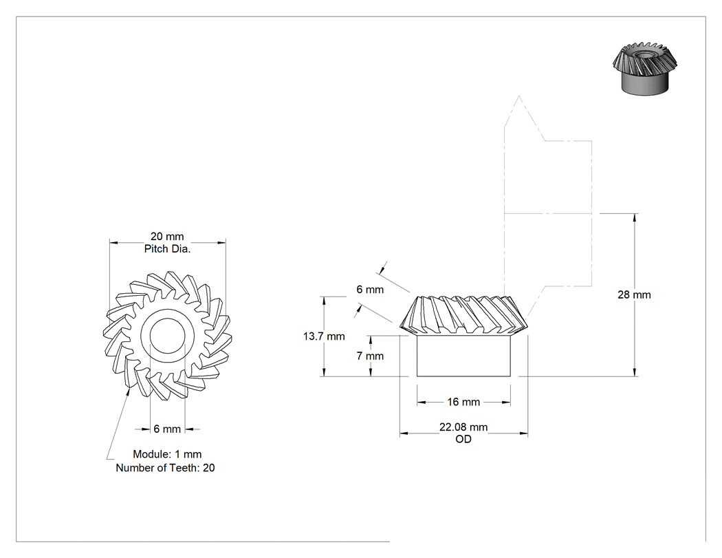 Teknik Çizim - Yüksek Güçlü Metal Konik Pinyon, 6 mm Yüz, 2:1 Hız Oranı