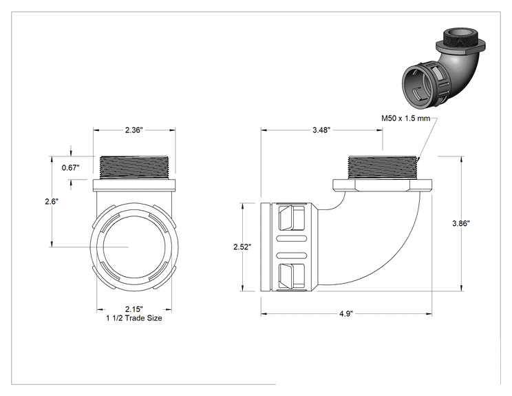 Teknik Çizim - Esnek Plastik Kanal için Bağlantı Parçası, Uzun 90 Derece Dirsek, 1-1/2 Anma Ölçüsü Dişi x M50 Erkek