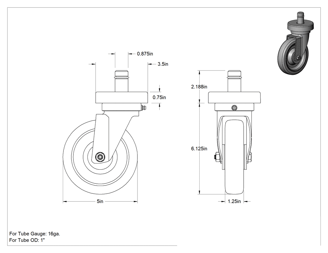 Teknik Çizim - 5" Çap x 1-1/4" Genişlikte Poliüretan Döner Tekerlek