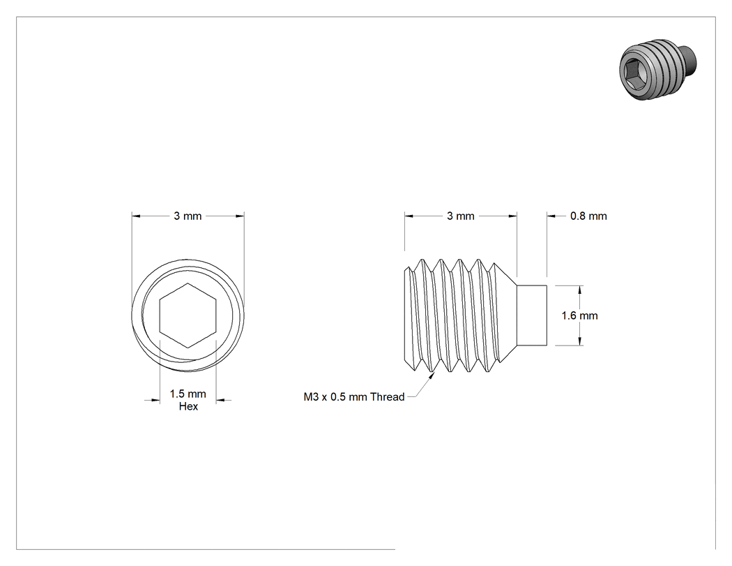 Teknik Çizim - Pirinç Uçlu 18-8 Paslanmaz Çelik Setskur, M3 x 0.5 mm Dişli, 3 mm Uzunluk