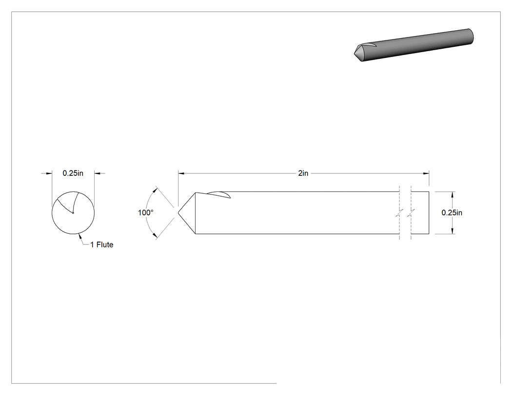Teknik Çizim - Kobalt Çelik Havşa, Perçinler için, 100 Derece, Kaplamasız, 1 Yiv, 1/4" Gövde Çapı