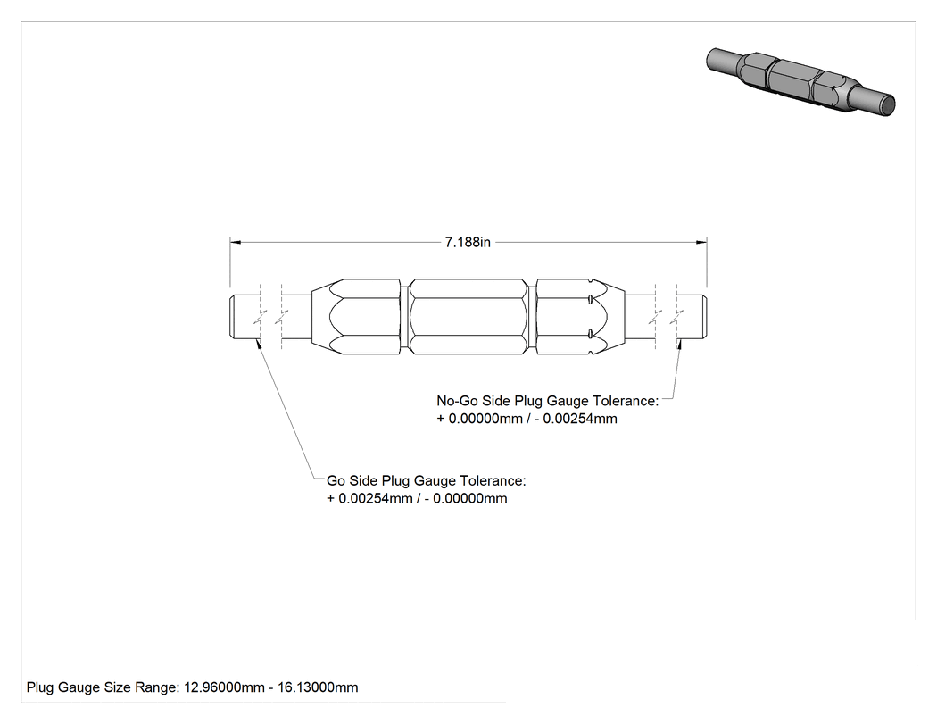 Teknik Çizim - Sınıf Z Saplı Tıkaç Ölçer, Sınıf Z, 12.9600 mm ila 16.1300 mm arası boyutlar
