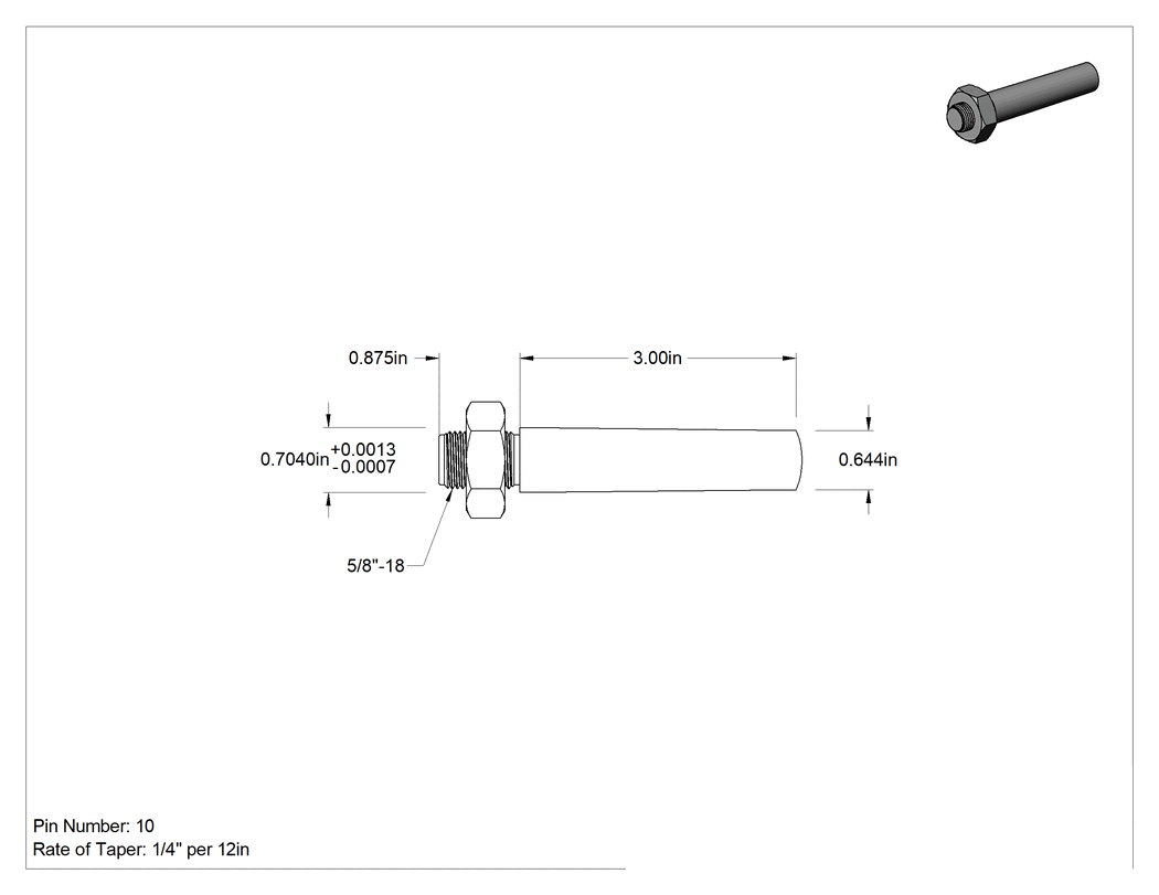 Teknik Çizim - 18-8 Paslanmaz Çelik Dişli Konik Pim, 10 Numaralı Pim, 0.704" Büyük Uç Çapı, 3" Uzunluk
