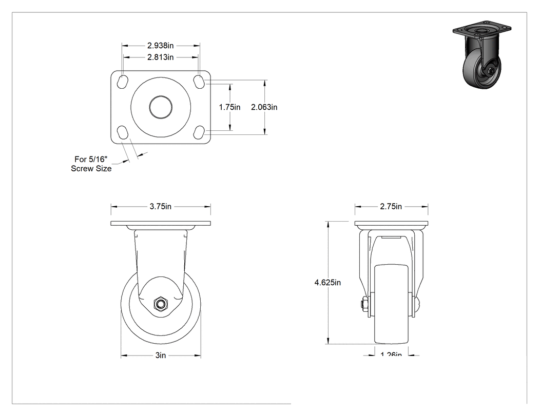 Teknik Çizim - 3-3/4" x 2-3/4" Plakalı Parlak Yüzeyli Tekerlek, 3 inç Çapında Naylon Tekerlekli Sert