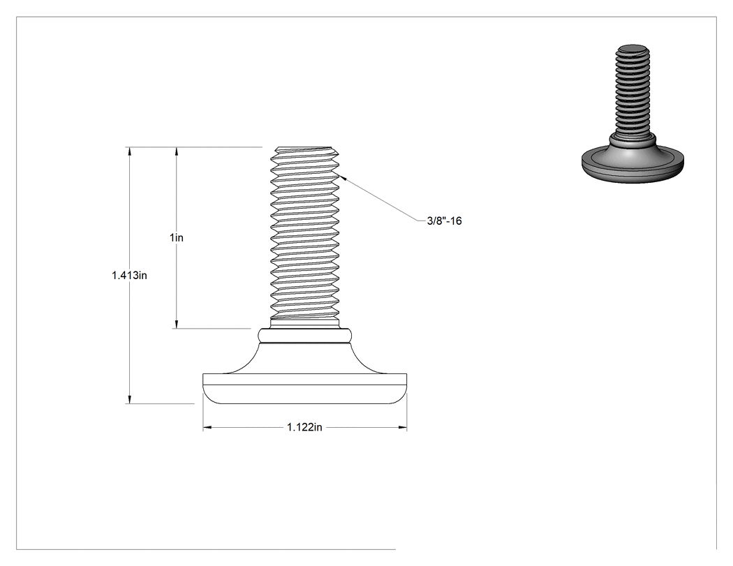 Teknik Çizim - 1" Uzunlukta 3/8"-16 Çinko Kaplı Çelik Saplamalı Plastik Ayaklar