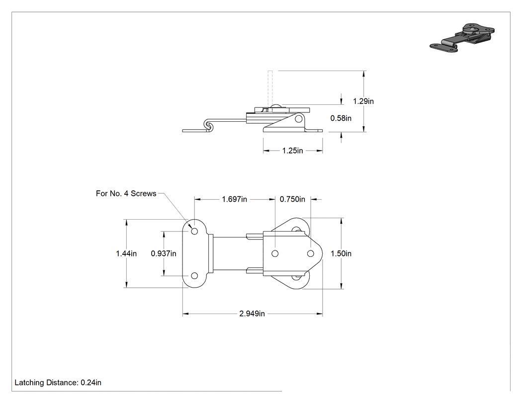 Teknik Çizim - Döndürerek Açılan Çekme Mandalı, Çinko Kaplı Çelik, 1/4" Kilitleme Mesafesi, 2-15/16" Uzunluk