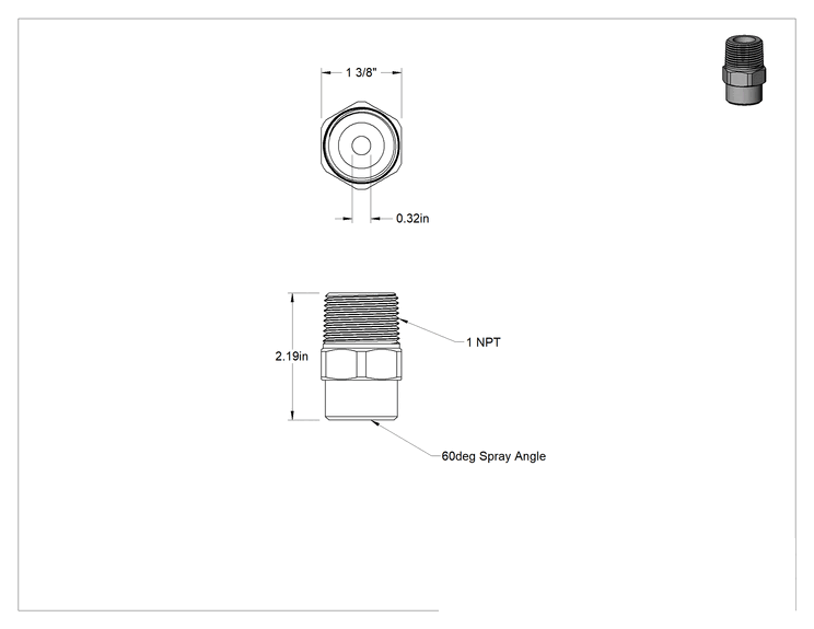 Teknik Çizim - Tam Konili Püskürtme Nozulu, Pirinç, 1 NPT Erkek, 20 PSI'da 10.8 gpm, 60 Derece Açı