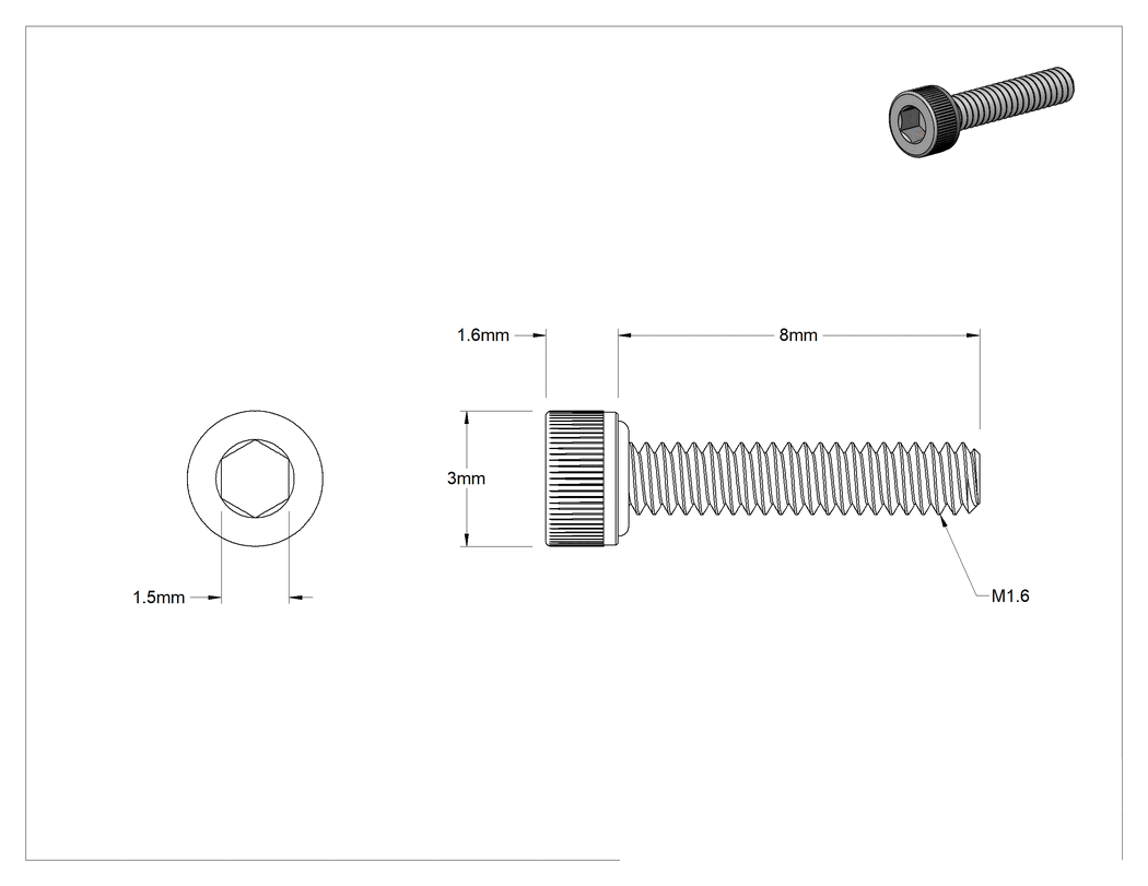 Teknik Çizim - 18-8 Paslanmaz Çelik Sızdırmaz Alyan Başlı Vida, Silikon O-Ringli, M1.6 x 0.35 mm Diş Boyutu, 8 mm Uzunluk