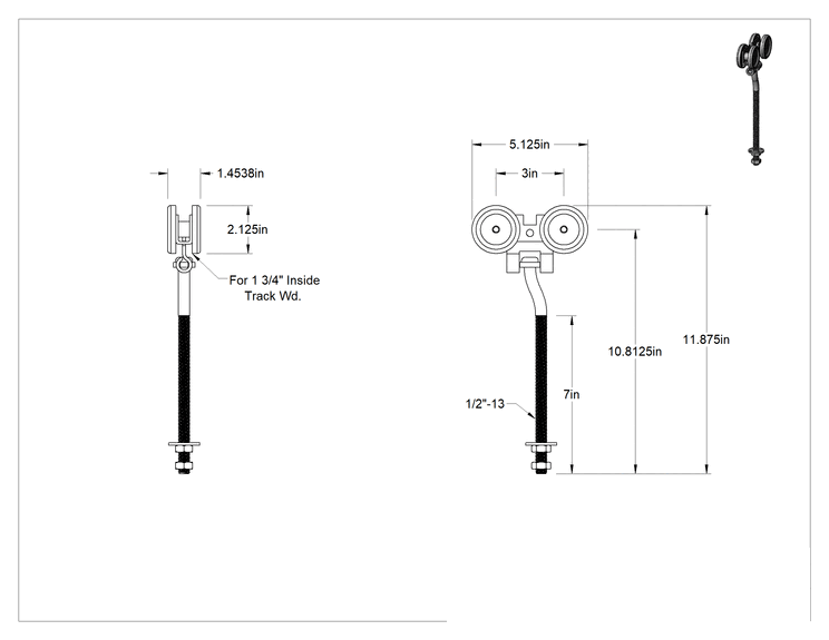 Teknik Çizim - Kapılar için Makaralı Ray için Cıvatalı Askı, Ofset, 1-3/4" iç ray genişliği için, 11-7/8" Yükseklik, Çelik