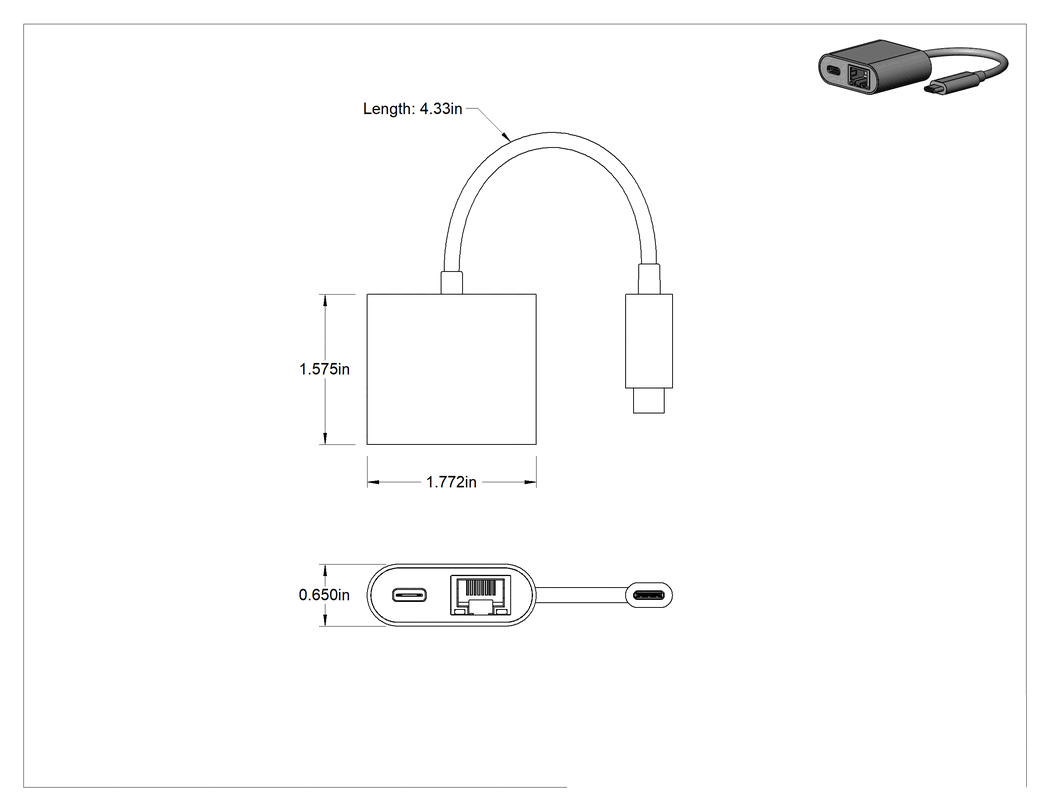 Teknik Çizim - USB Adaptör Kablosu, C Fiş x C Soket/RJ45 Soket, 4-1/2" Uzunluk