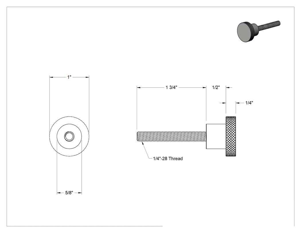 Teknik Çizim - Siyah Oksit Çelik Tırtıllı Tutma Düğmesi, 1/4"-28 dişli 1-3/4" uzunluğunda saplamalı, 1" Çapında Başlık