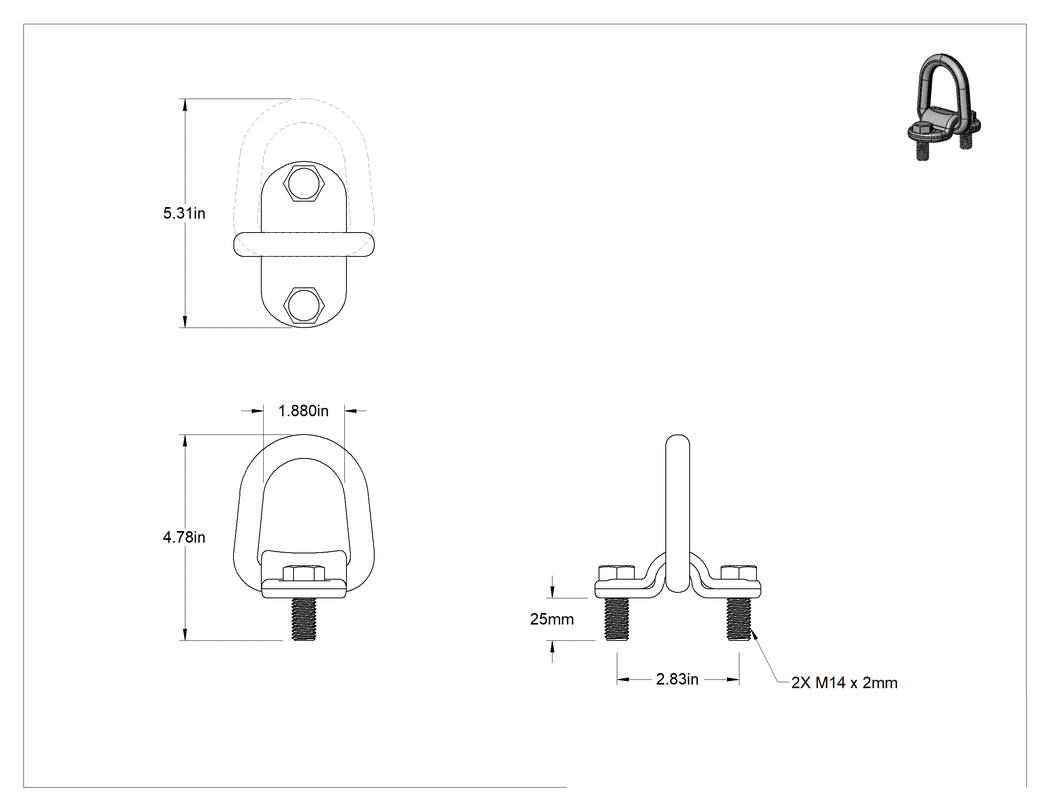 Teknik Çizim - Dönmeyen Kaldırma Halkası, 2 Montaj Deliği Olan D Şekli, M14 x 2 mm Diş Boyutu