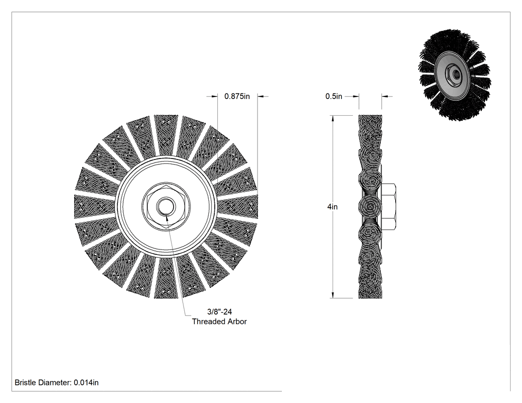 Teknik Çizim - Paslanmaz Çelik Kıllı Agresif Temizleme Tekerlek Fırçası, Açı Taşlama Makinaları için, 4 inç Çaplı, 3/8"-24 Mil Dişli
