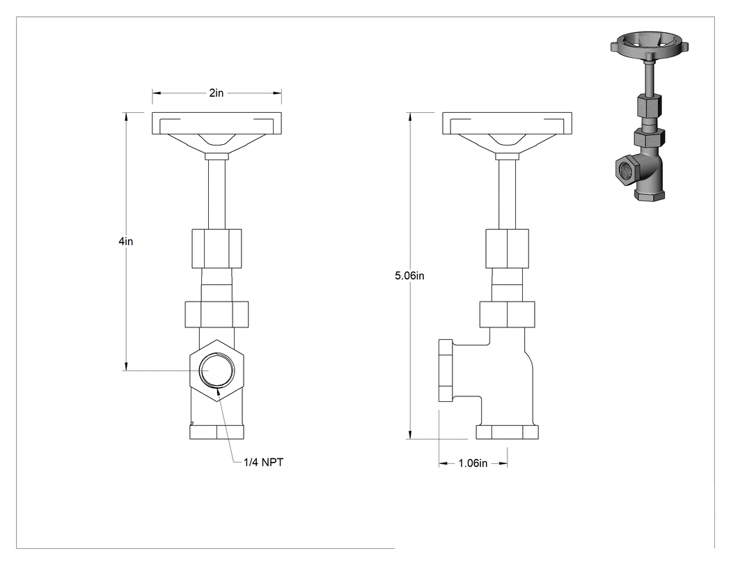 Teknik Çizim - Bronz Akış Ayar Vanası, Dirsek, 1/4 NPT Dişi