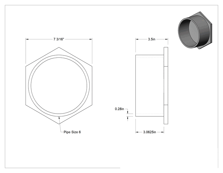 Teknik Çizim - Su için Standart Cidarlı PVC Boru Bağlantı Parçası, Dış Altıgen Tahrikli Fiş, 6 Soketli Erkek
