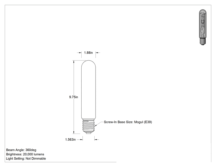 Teknik Çizim - Metal Halide Ampul, T15 Boru Şeklinde, E39 Mogul Tabanı, 250W, 4000K, 20000 lümen
