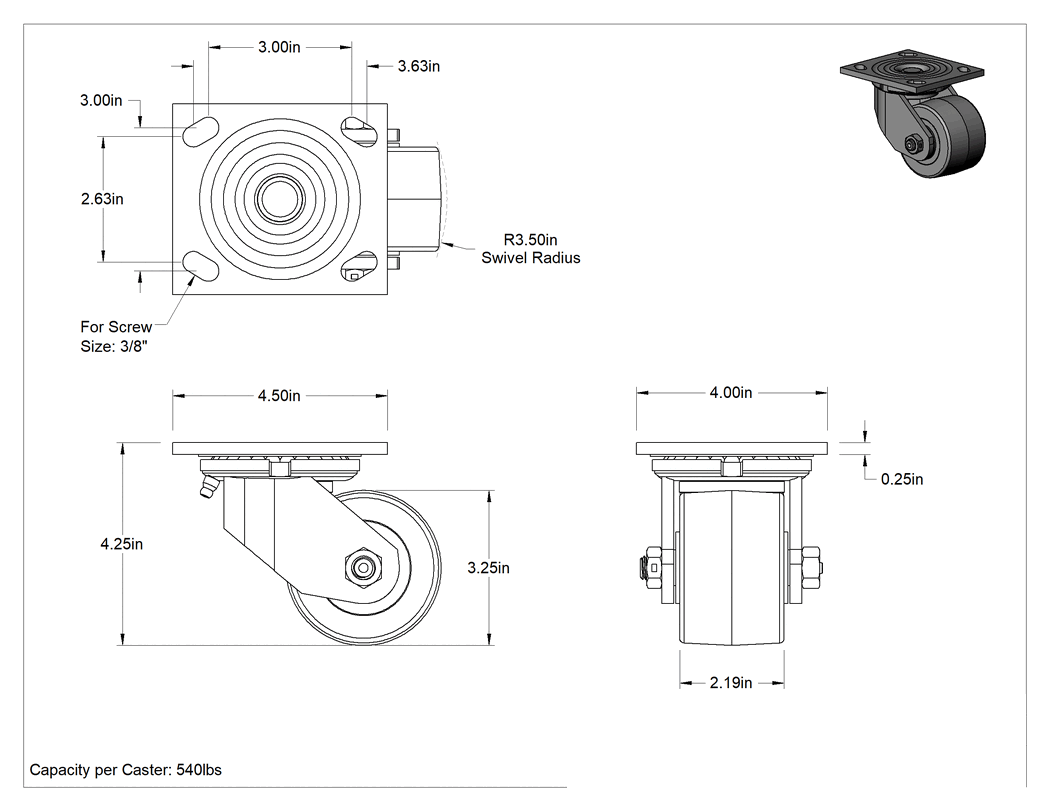 Teknik Çizim - 4-1/2" x 4" Montaj Plakalı Samson Tekerlek, 3-1/4" Çaplı 95A Durometre Poliüretan Tekerlekli Döner Ayak