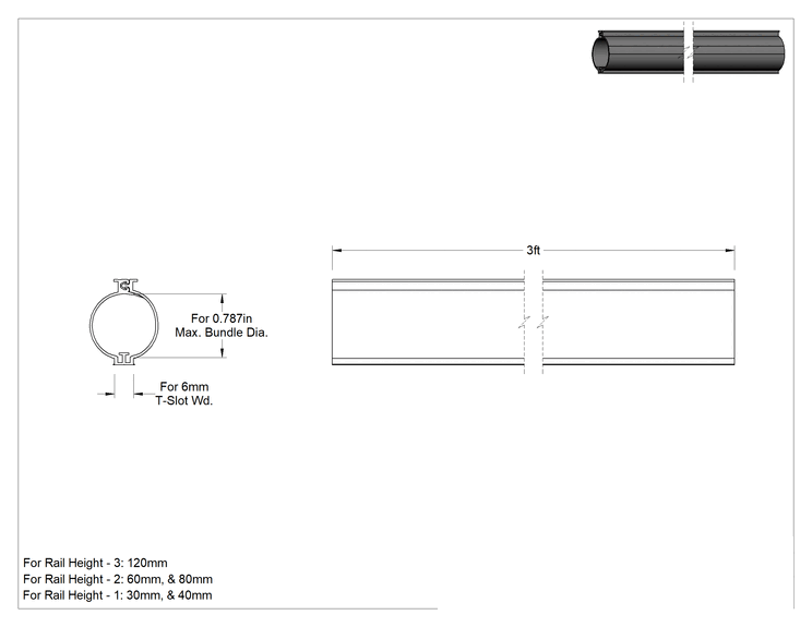 Teknik Çizim - T-Yivli Çerçeve, Manşonlama, 6 mm Yivli 30 ve 40 mm Yüksekliğinde Ray için, 3' Uzunluk