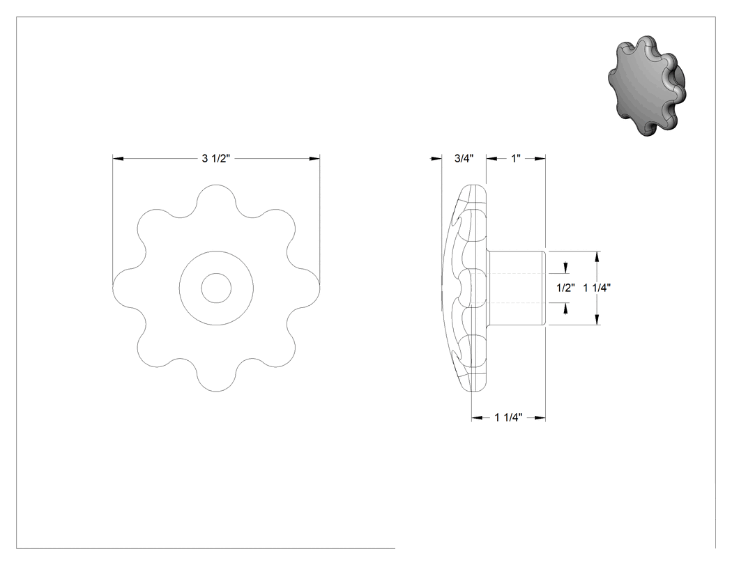 Teknik Çizim - Alüminyum Topuz, Sekiz Kol Tutacağı, 1/2" Çaplı Dişsiz Delik