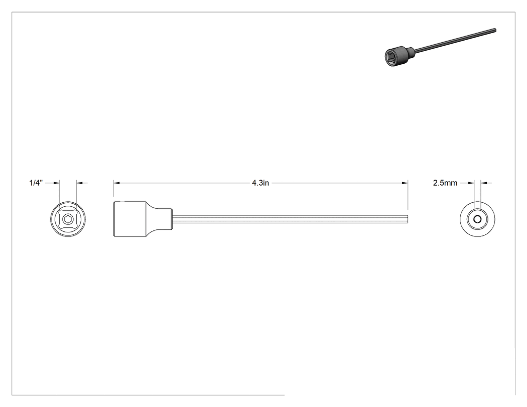 Teknik Çizim - Uzun Menzilli Altıgen Uçlu Soket, 1/4" Kare Tahrik, 2.5 mm Tahrik Boyutu, 4-1/4" Toplam Uzunluk