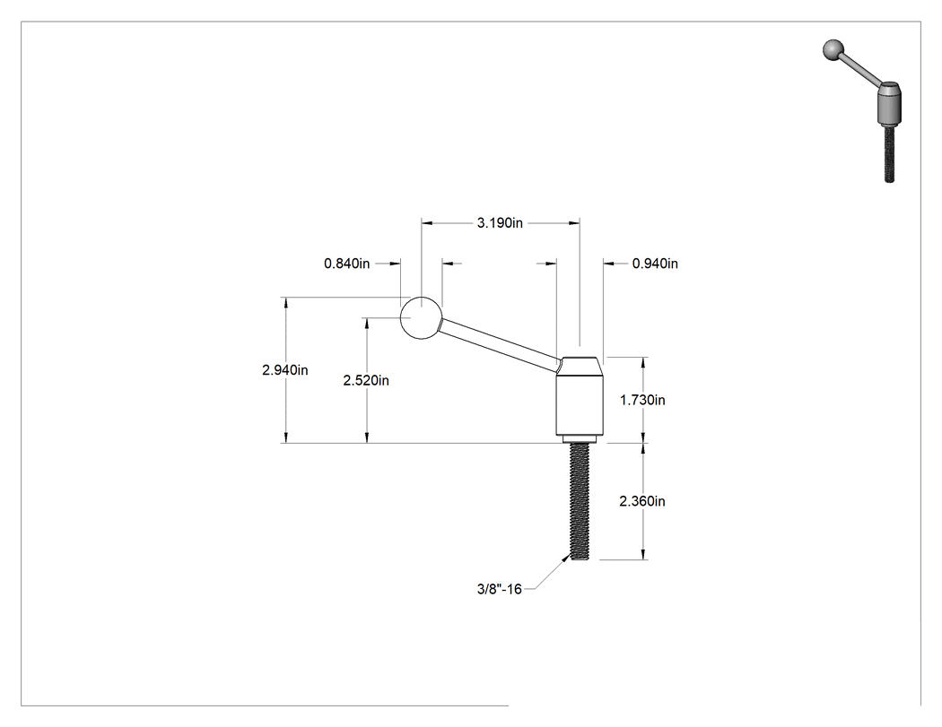 Teknik Çizim - Çelik Ayarlanabilir Tutamak, 3/8"-16 Dişli 2-3/8" Uzunlukta Saplama, 2-15/16" Çıkıntı