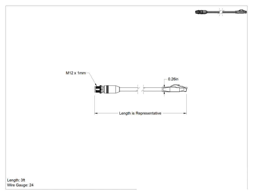 Teknik Çizim - Ethernet Kablosu, D Kodlu M12 x RJ45 Fişli, 3 Fit Uzunluk, 0.26" Kablo Dış Çapı