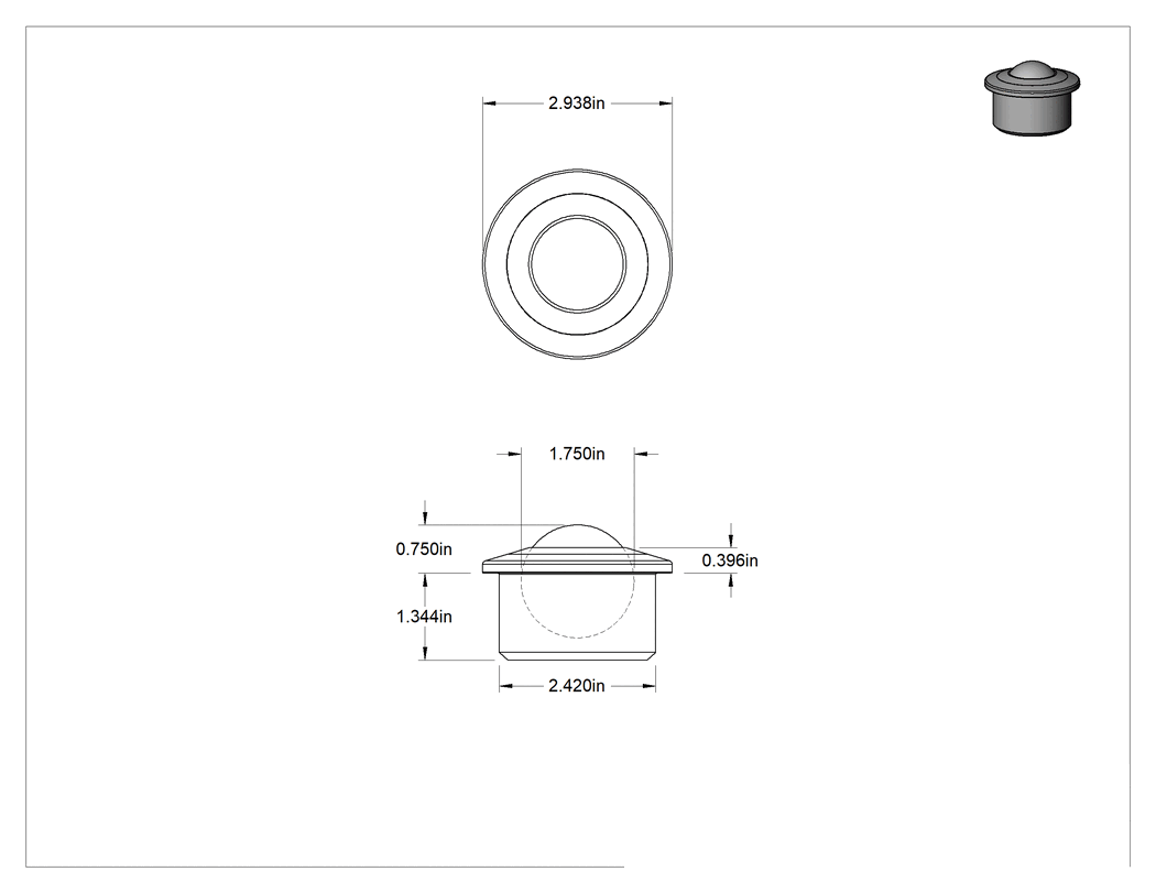 Teknik Çizim - Presle Takma Bilyalı Aktarıcı, 1-3/4" Küre Çapı, Çinko Kaplı Çelik Muhafaza, 1325 lbs. Kapasite