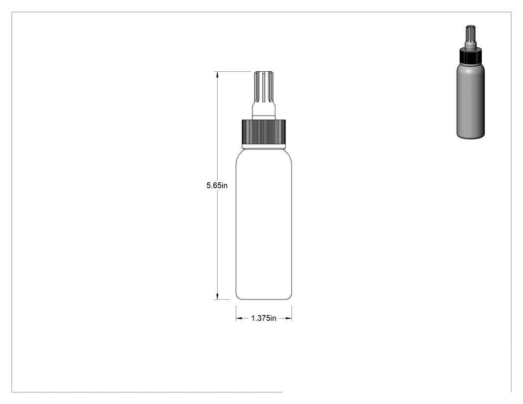 Teknik Çizim - Kontrollü Akışlı Dağıtıcı, 2 FL oz Kapasiteli Alüminyum Şişe