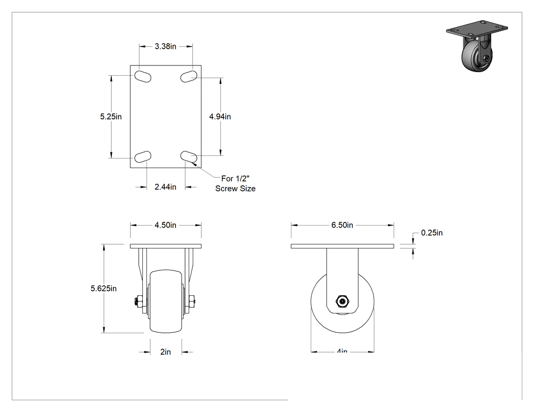 Teknik Çizim - 6-1/2" x 4-1/2" Plakalı Yüksek Kapasiteli Vulcan Tekerlek, 4" Çapında Fenolik Tekerlekli Sert