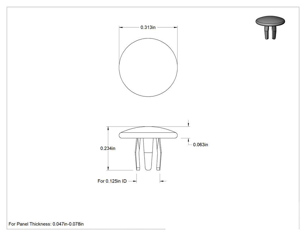 Teknik Çizim - Çelik Geçmeli Panel Tapaları, 1/8" İç Çap için