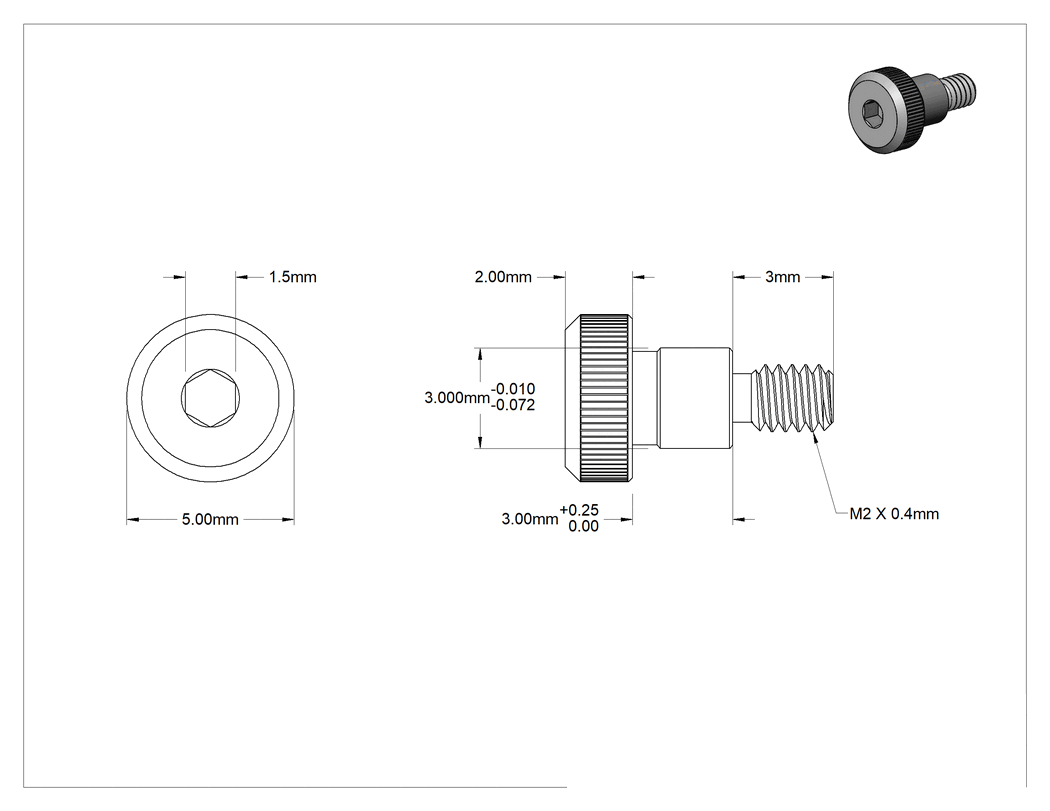 Teknik Çizim - Kısa Dişli Alaşımlı Çelik Omuzlu Vida, 3 mm Omuz Çapı, 3 mm Omuz Uzunluğu, M2 x 0.4 mm Diş