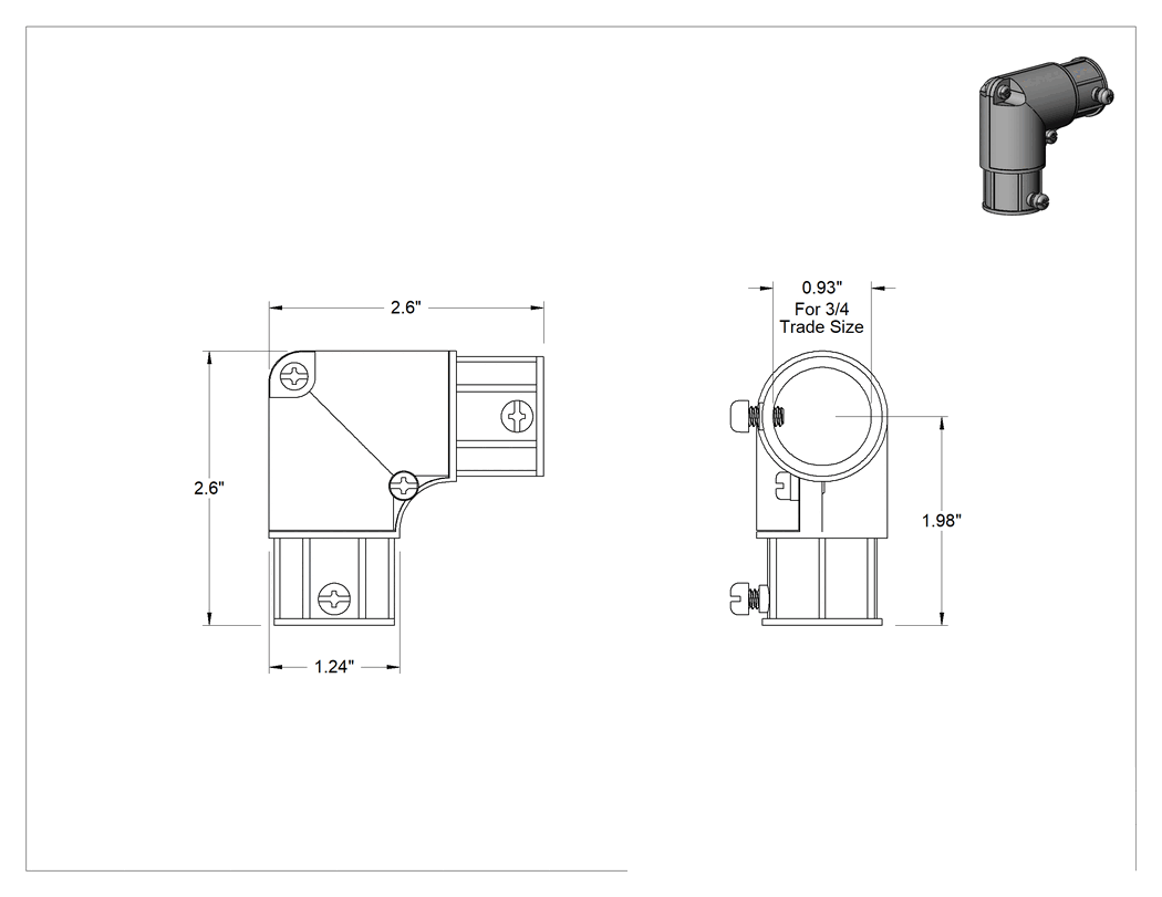 Teknik Çizim - 3/4 Dişi Çinko 90 Derece Dirsek, İnce Cidarlı (EMT) Çelik Kanal için
